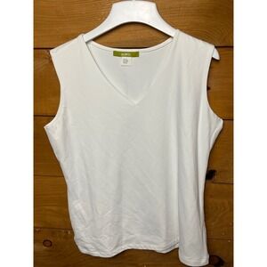 Acorn Women's White V-Neck Sleeveless Top L Nylon Spandex Sheer Thick Layering‎